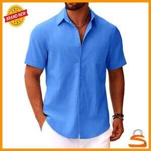 Men's Button Down Short Sleeve Shirt Casual Cotton Summer Beach Wedding